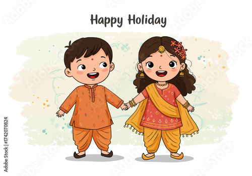 Cartoon Children Celebrating Holiday in Traditional Indian Clothing.