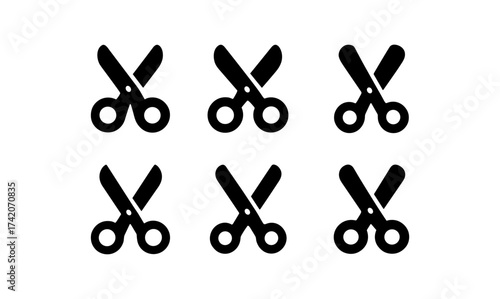 Set of black scissors icons in minimalist repeated pattern