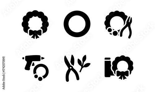 Diy holiday wreath making kit icons collection in silhouette style