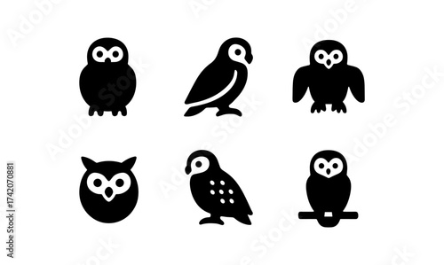 Simple owl icons collection: silhouette designs of six unique owls