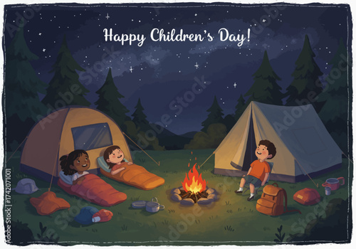 Childrens Day Camping Adventure with Tents and Campfire Under Starry Night Sky.