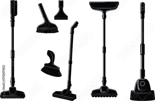 Vacuum cleaner silhouette, black vector clipart, cleaning appliance icons, brush attachment, nozzle tool, household device, suction unit, equipment set