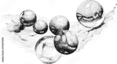 Bubbles and spheres in a simple monochrome design. Digital vector illustration showcasing varying transparency and texture in a minimal set.