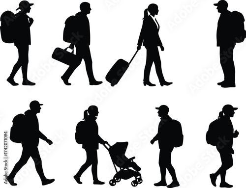 Walking people silhouettes with luggage, backpacks, stroller, diverse travelers, commuters, airport passengers, tourism, journey, mobility, transportation, lifestyle, urban travel, diversity, movement