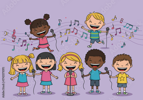 Cheerful Cartoon Children Singing with Microphones and Musical Notes on Purple Background.