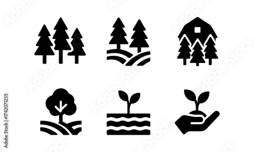 Nature conservation symbols: trees, seedlings, and eco icons for environmental designs