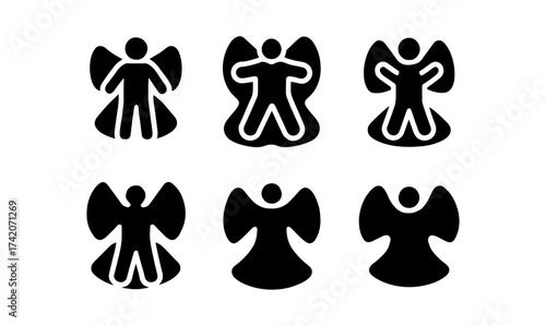 Set of black angel figures: minimalist icons with simple silhouette design