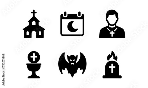 Halloween icons: church, calendar, priest, chalice, bat, tombstone
