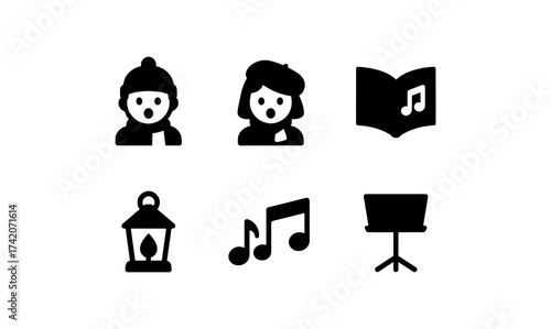 Christmas carol singing icons collection: festive music and holiday symbols