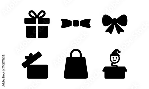 Silhouette gift icons set with bow, present, and shopping bag elements