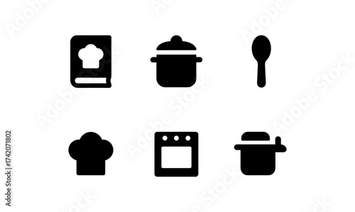 Minimalist cooking icons set: book, chef hat, pot, spoon, oven