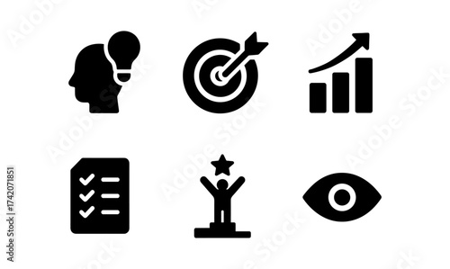 Silhouette business icons: innovation, success, and growth symbols