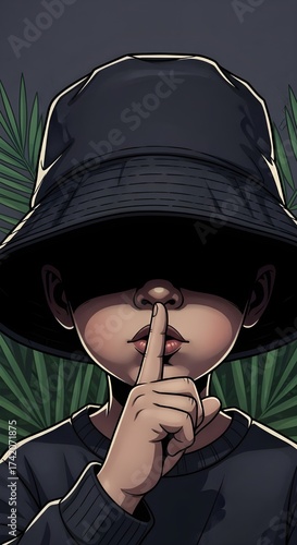 dark mysterious boy illustration, secret gesture art