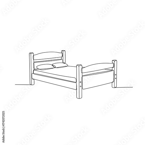 Wooden bed with pillows in line art on white background