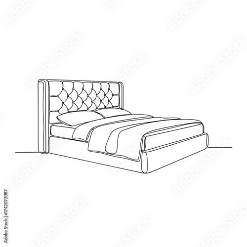 Upholstered bed with tufted headboard and bedding in line art
