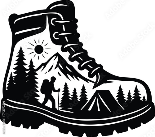 Hiking Boot Mountain Scene | Hiking Silhouette Clipart | Adventure Hiker