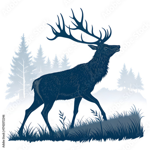 Majestic Stag Silhouette in Misty Woodland: An elegant stag silhouette strides confidently across a grassy hill, framed by a serene woodland backdrop.