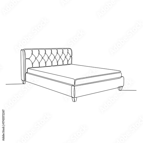 Upholstered bed with tufted headboard in line art on white background