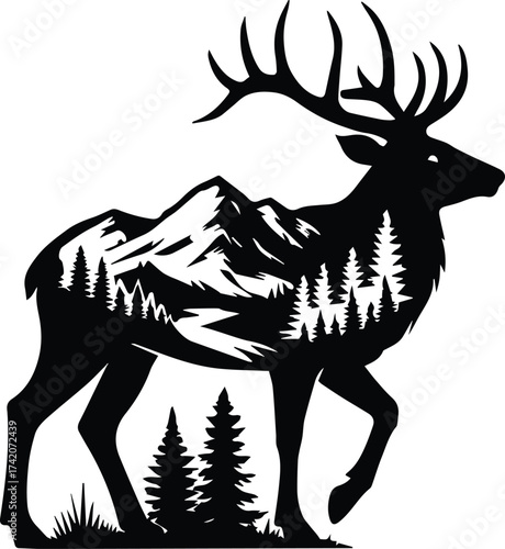 Elk Mountain Scene | Deer Forest Wildlife Clipart | Hunting Outdoor Adventure
