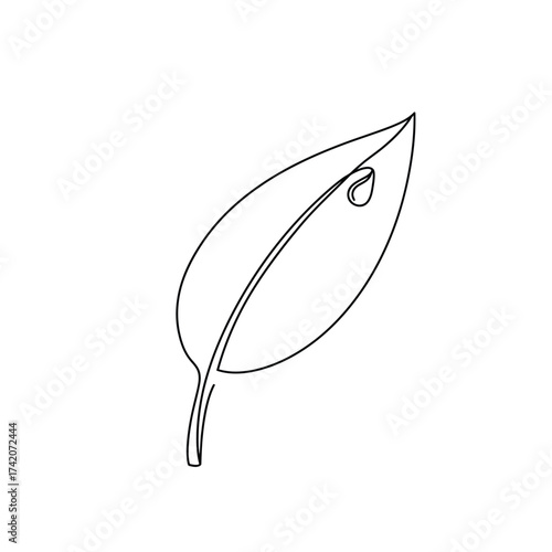 Minimalist single line drawing of a fresh green leaf with a dewdrop, symbolizing nature's delicate beauty and growth.