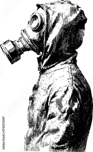Gas mask and hood in profile with vintage engraving detail. Black and white protective suit vector illustration.