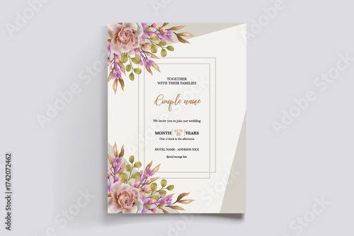 WEDDING INVITATION FRAME WITH FLOWER DECORATIONS AND FRESH LEAVES