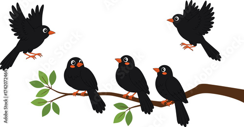 Cartoon black birds sitting on tree branch with green leaves, flying birds, nature wildlife illustration, cute animal drawing, vector