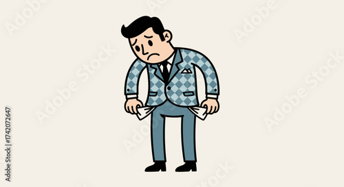 Cartoon illustration depicting a businessman with empty pockets symbolizing financial difficulties