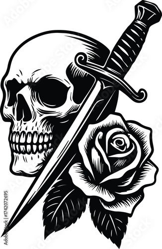 Skull Rose Dagger | Gothic Tattoo Style Clipart | Dark Rose and Dagger Skull Design