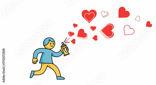 Cartoon man spreading love with a spray can creating a whimsical display of hearts