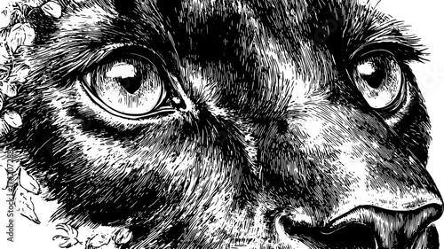 Panther head illustration with detailed black fur and eyes. Monochrome vector art showcasing intricate lineart and emphasis on natural features.