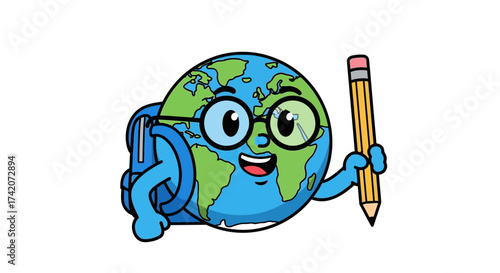 Cartoon Earth with Backpack and Pencil Represents Education and Global Awareness