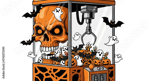 Spooky claw machine filled with halloween themed prizes like skulls, bats and ghosts