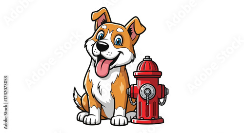 Adorable Cartoon Dog Sitting Next to a Bright Red Fire Hydrant Illustration Art, isolated