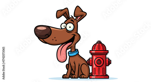 Cartoon dog with a fire hydrant, playful illustration for children and animal lovers