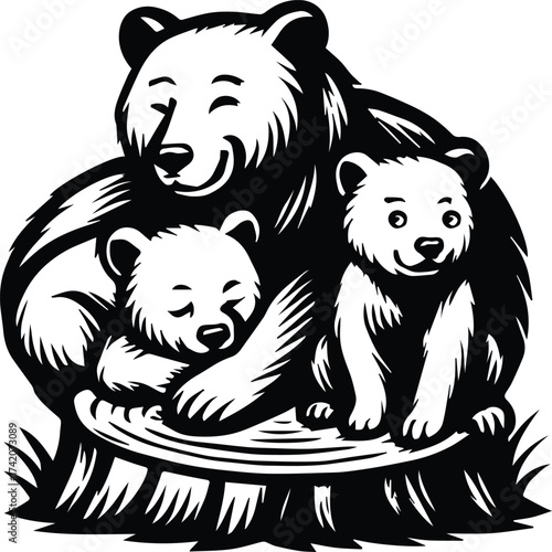Mama Bear with Cubs | Bear Family on Tree Root Silhouette | Wildlife Animal Clipart