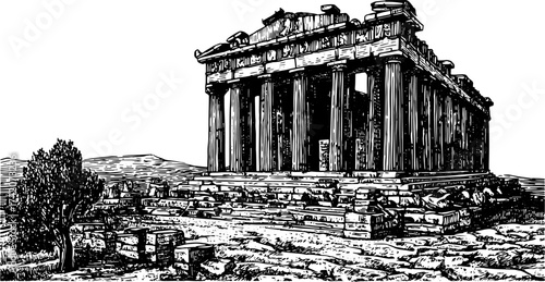 Parthenon temple outline set in vintage black and white. Detailed vector illustration of historical architecture with a natural landscape.