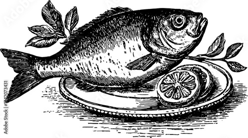 Vintage fish engraving with lemon on a platter. Detailed line illustration featuring natural elements in a classic vector style.
