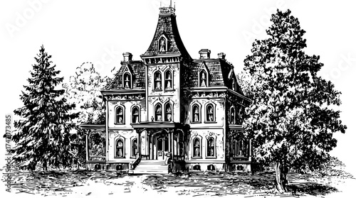 Vintage house drawing with detailed architecture and ornate style. This black and white engraving features a classic mansion in a scenic landscape vector illustration.