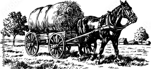 Vintage horse-drawn cart carrying hay. Line drawing vector illustration depicting rural agricultural scenery.