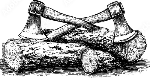 Vintage engraving of axes resting on logs. Detailed line drawing showcasing woodworking in a classic vector illustration set.