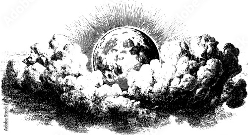 Moon and clouds in a vintage outline style. Black and white engraving set for design use. Vector illustration depicting a dramatic sky composition.