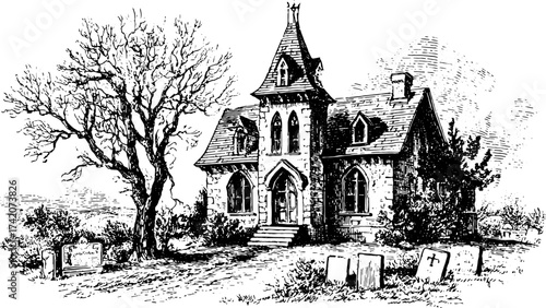 Vintage black and white outline drawing of a gothic house with detailed architecture. Features a tree and graveyard in the landscape, shown as a vector illustration.