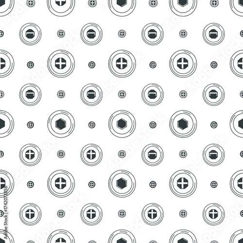 Seamless pattern of various screw heads and bolts in a monochromatic design on a white background, featuring different fastener types.