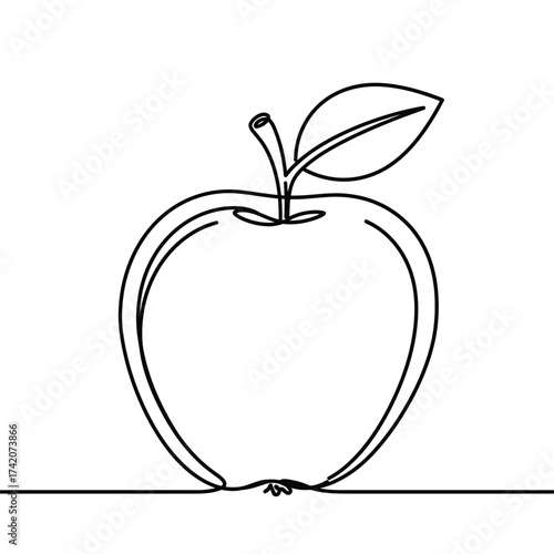 A simple, elegant line drawing of a fresh apple with a single leaf and stem, perfect for healthy eating concepts.