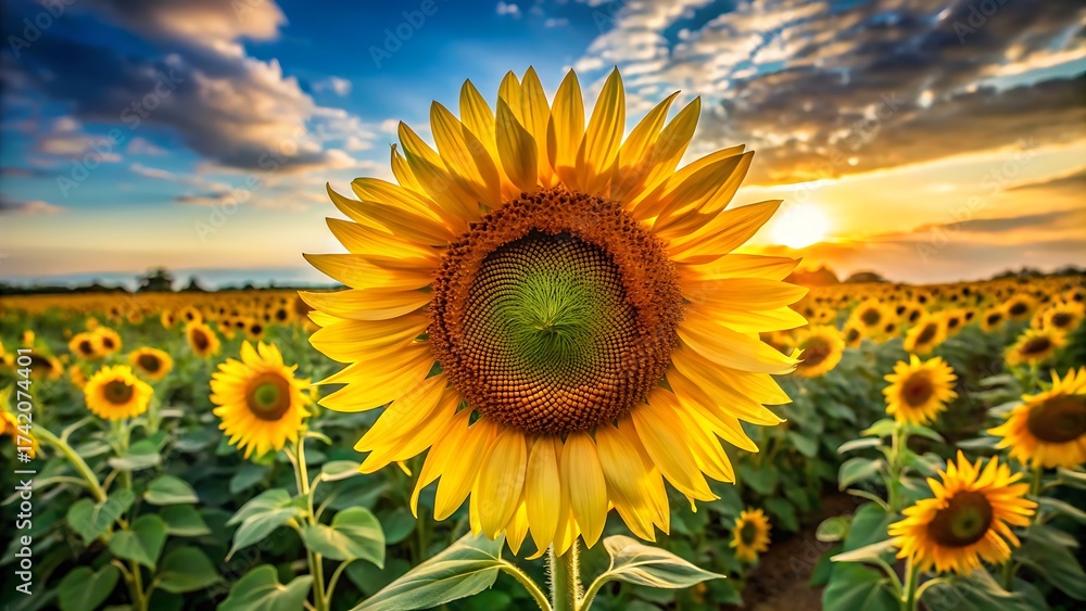Fototapeta premium A vibrant sunflower in full bloom against a golden sunset sky
