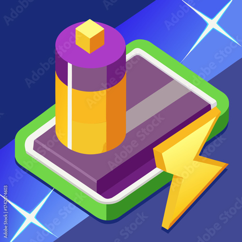 Isometric Battery Icon with a Charging Symbol
