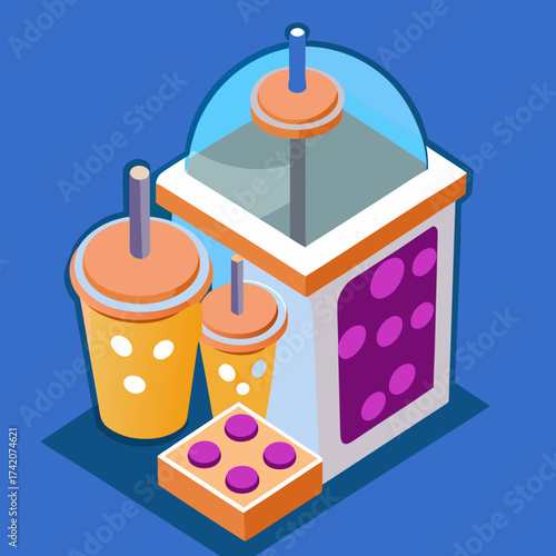 Isometric Bubble Tea Machine and Cups with Toppings Graphic
