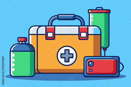 A first aid kit and emergency equipment for medical support