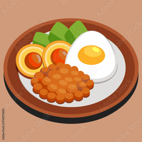A plate of nasi lemak with egg peanuts and sambal